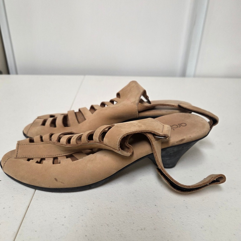 Arche LN Tan Suede Cage Slingback Kitten Wedge Sandals Peep Toe Size 40